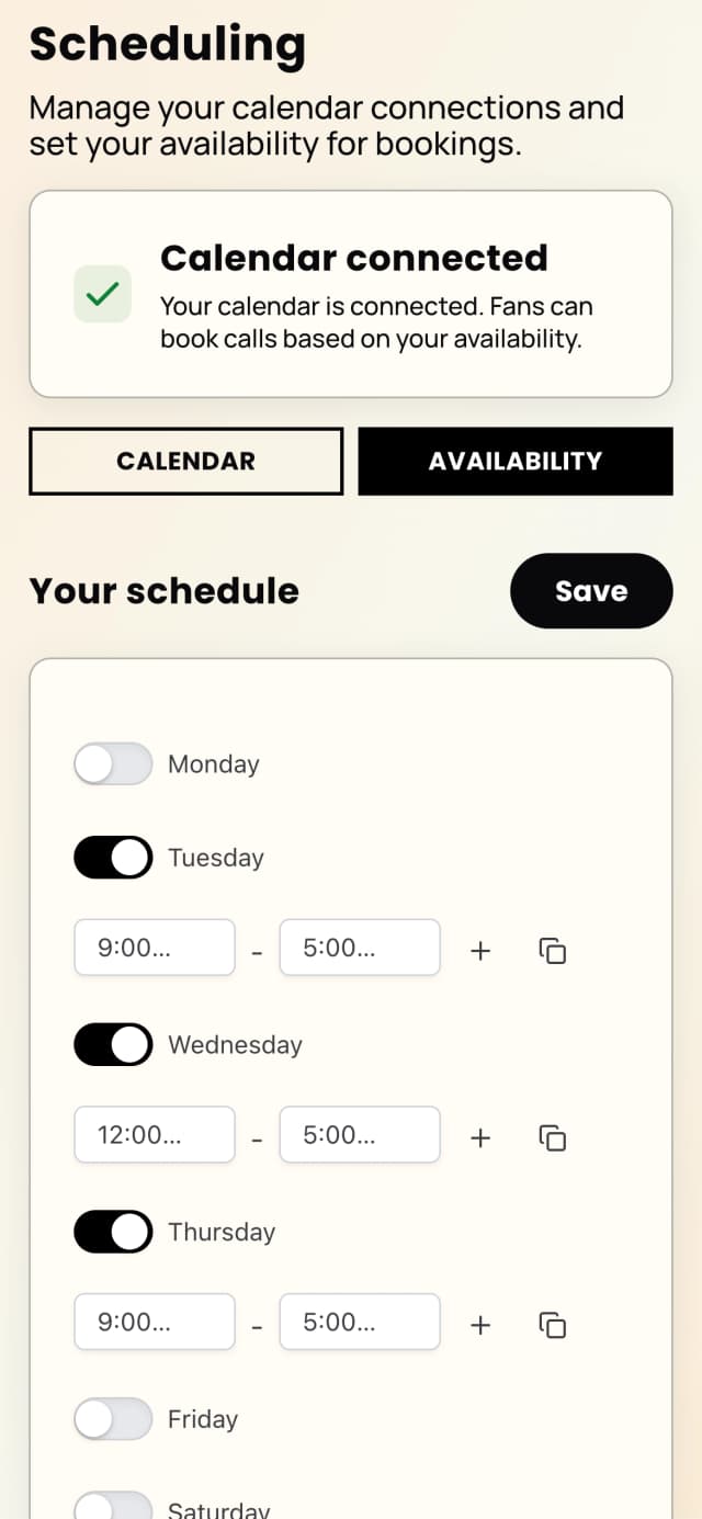 Creator setting their availability and schedule