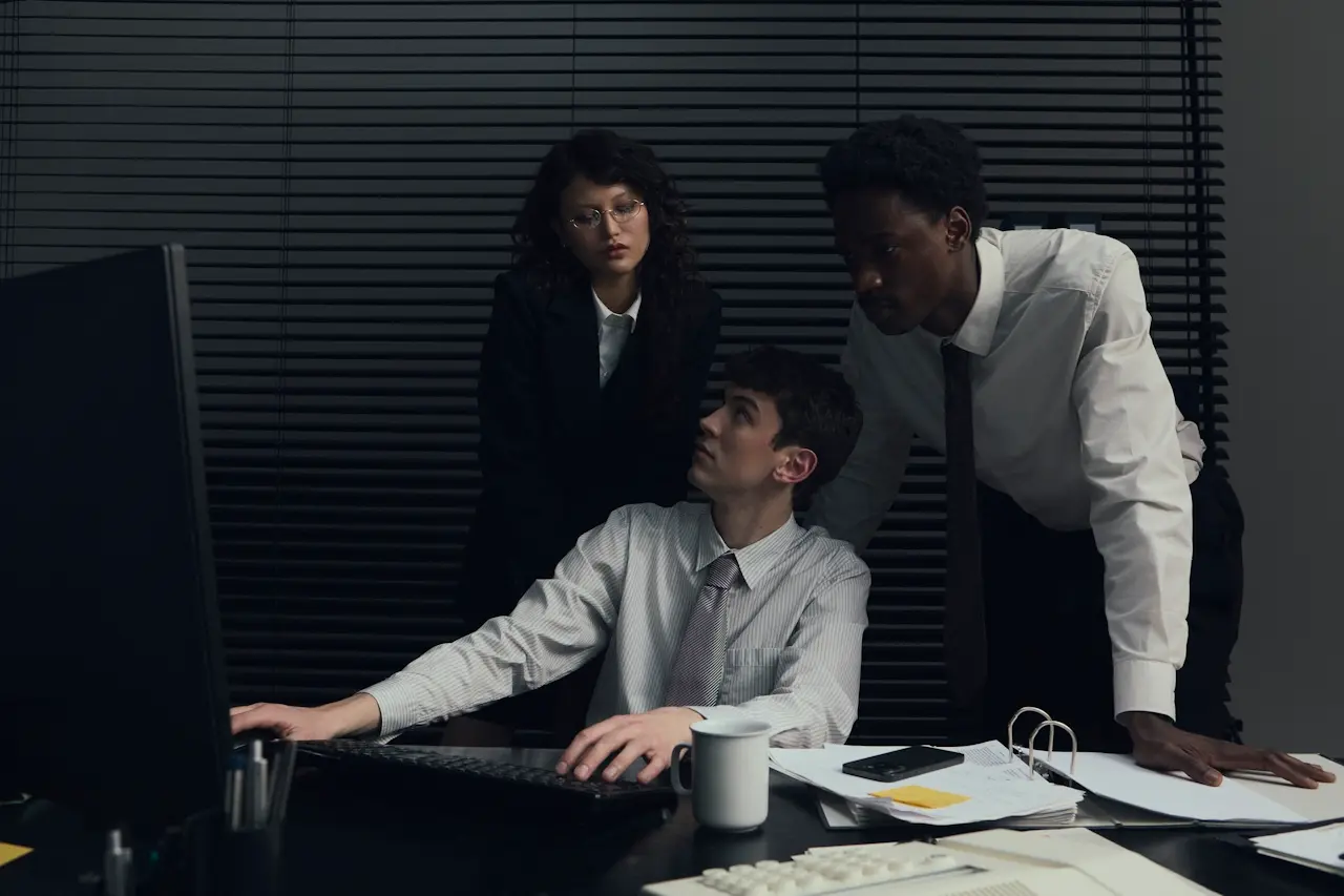 Office workers surrounding a table with a computer